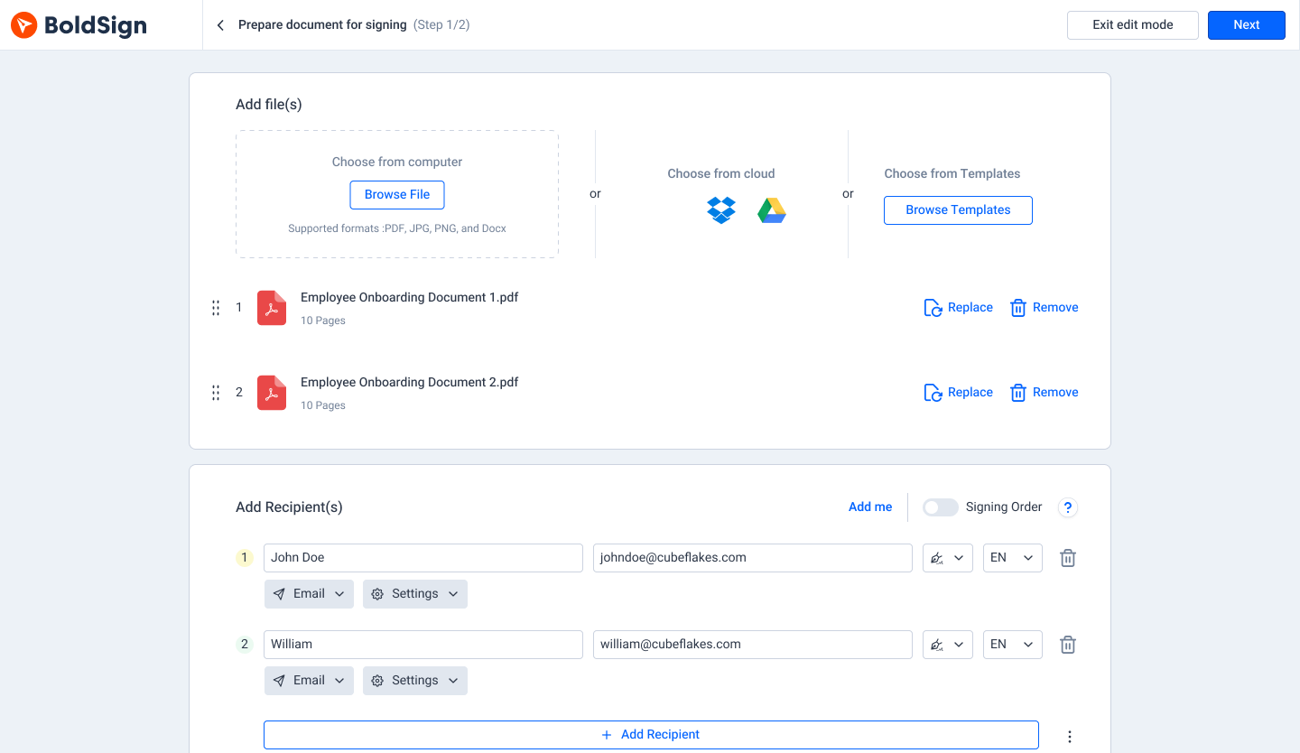 Prepare document and add recipients screen